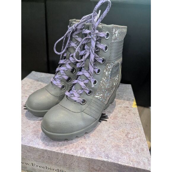 SOREL Lexi Youth Wedge Boots Sz 1 Gray w/ Silver Splash Glitter Purple Laces - Picture 5 of 8